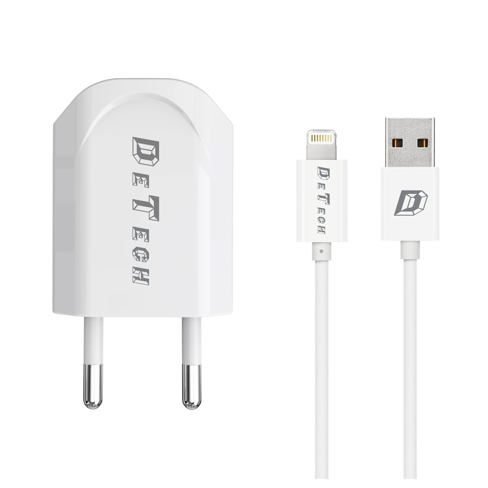 DeTech,DE-11iNetwork charger,5V/1A 220A,Universal,1 x USB,With Lightning cable, 1.0m,White- 14116