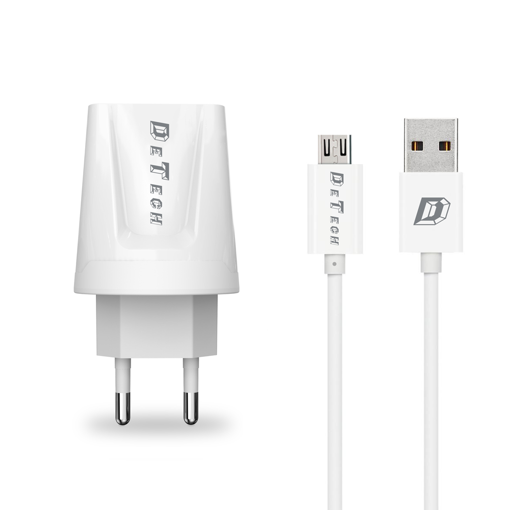DeTech, DE-01M Network charger, 5V/2.1A 220A, Universal,1 x USB,Micro USB cable,1.0m,White-14119