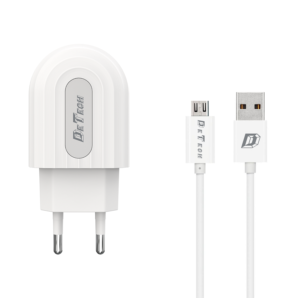 DeTech, DE-28M,Network charger, 5V/2.4A 220A, Universal, 1 x USB,Micro USB cable, 1.0m, White- 14133