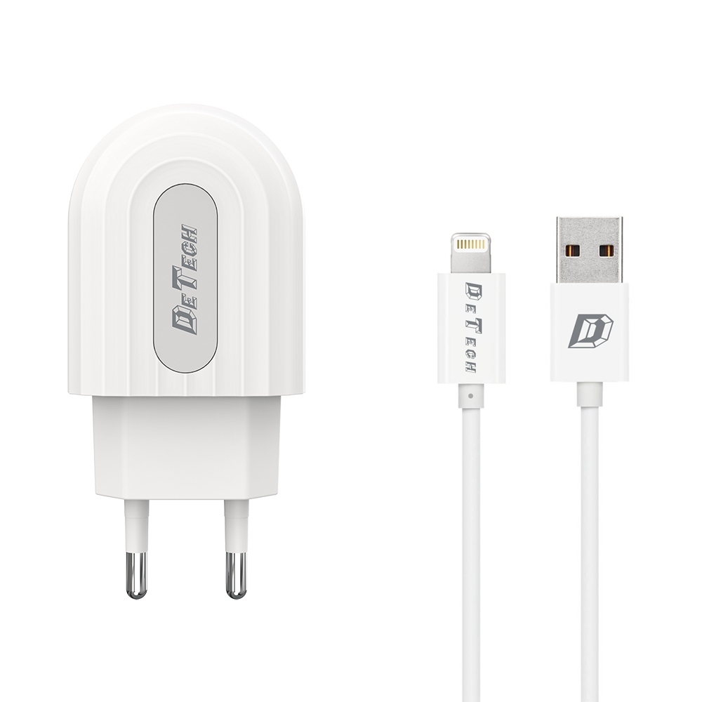 DeTech DE-28i,Network charger 5V/2.4A 220A, Universal, 1 x USB, Lightning cable, 1.0m, White -14134 