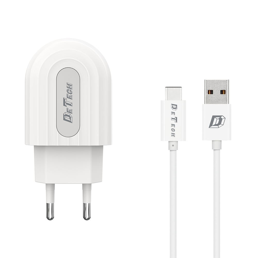 DeTech, DE-28C,Network charger,5V/2.4A 220A,Universal,1 x USB, Type-C cable,1.0m, White - 14135