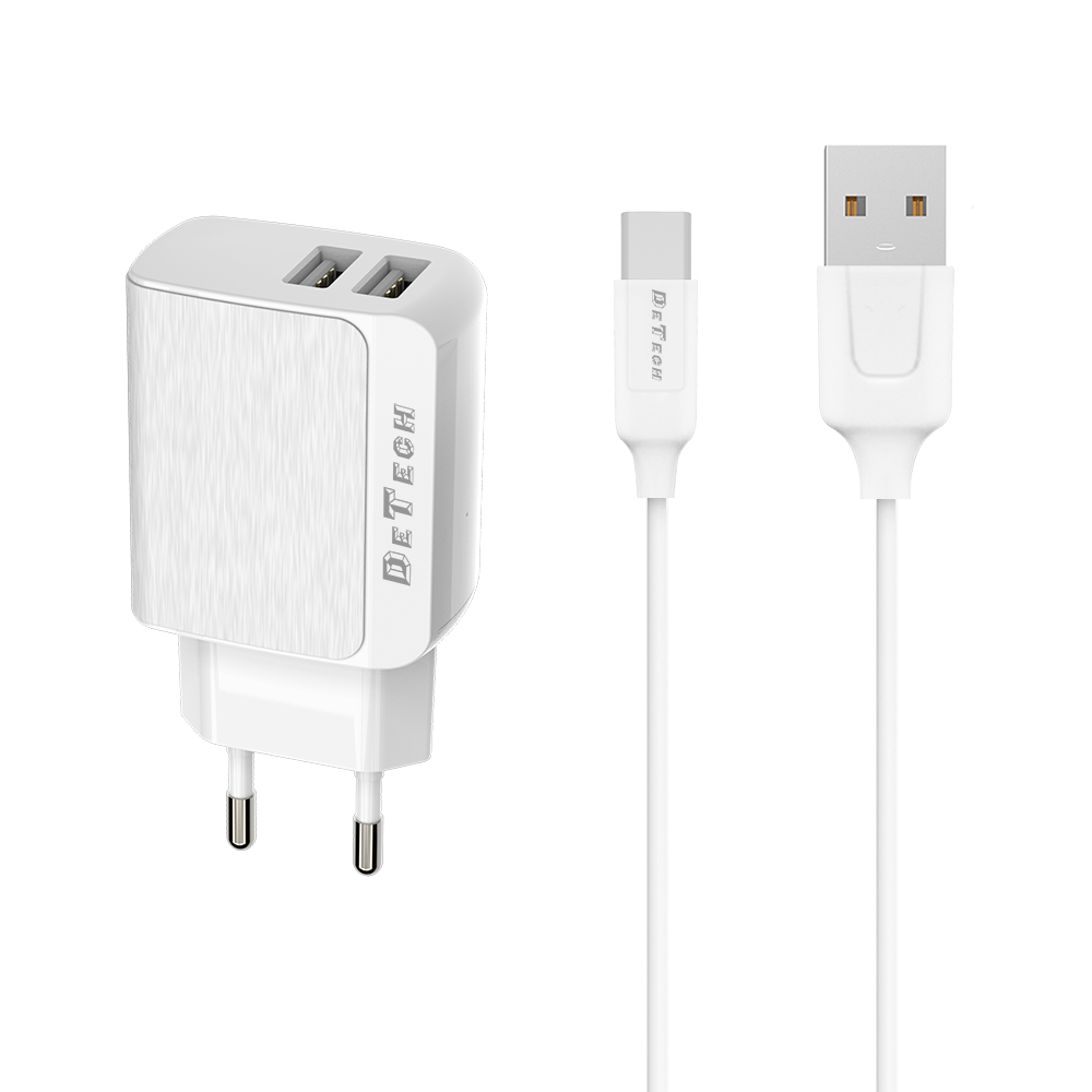 DeTech, DE-09C, 5V/2.4A 220A,Network charger Universal, 2 x USB, Type-C cable, 1.0m, White - 14141