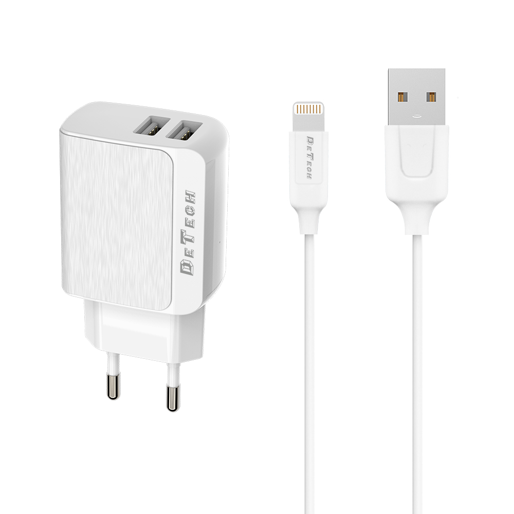 DeTech DE-09i, 5V/2.4A 220A, Network charger Universal, 2 x USB, With Lightning cable, 1.0m, White -