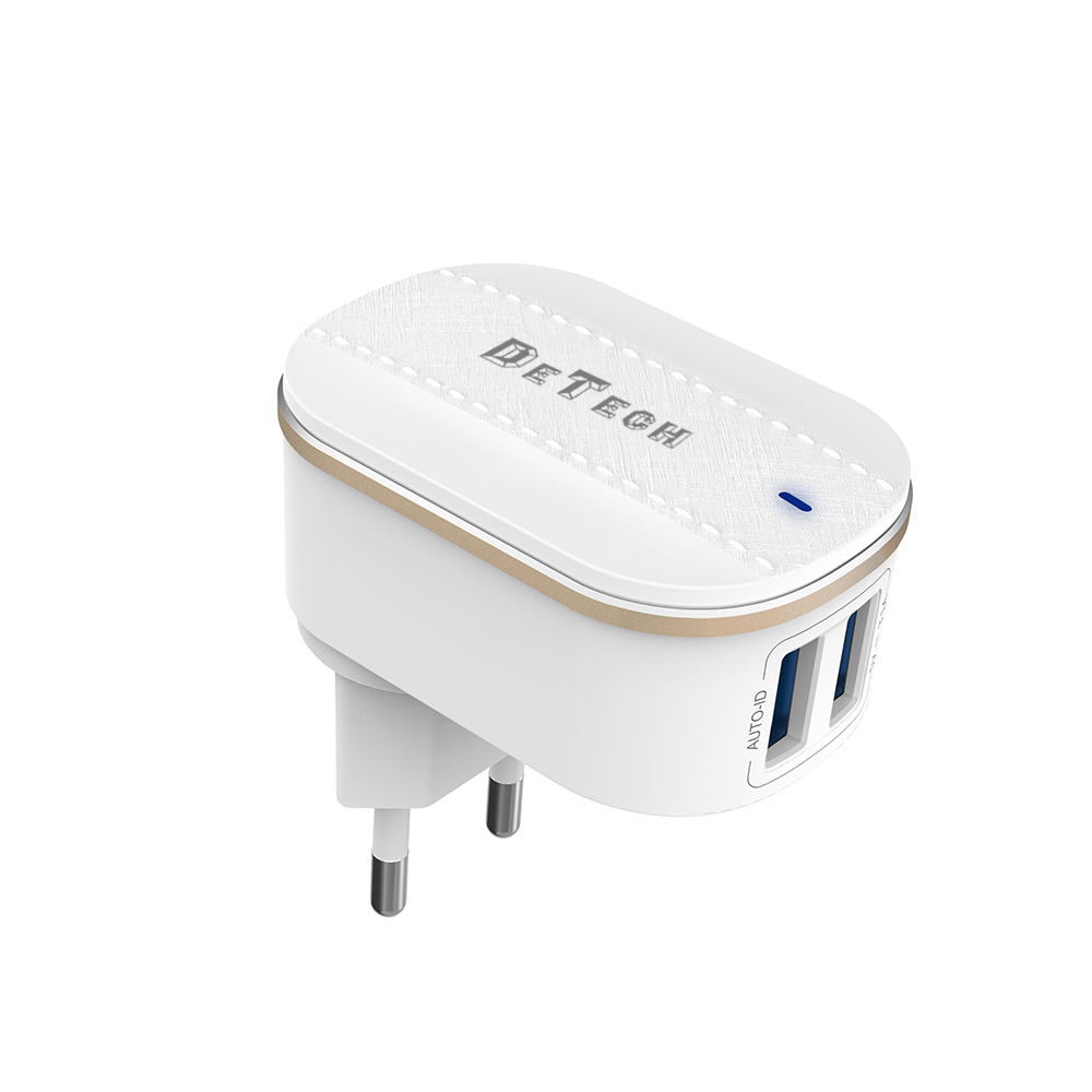 DeTech DE-15,Network charger 5V/3.1A, 220V, 2 x USB, White - 40095