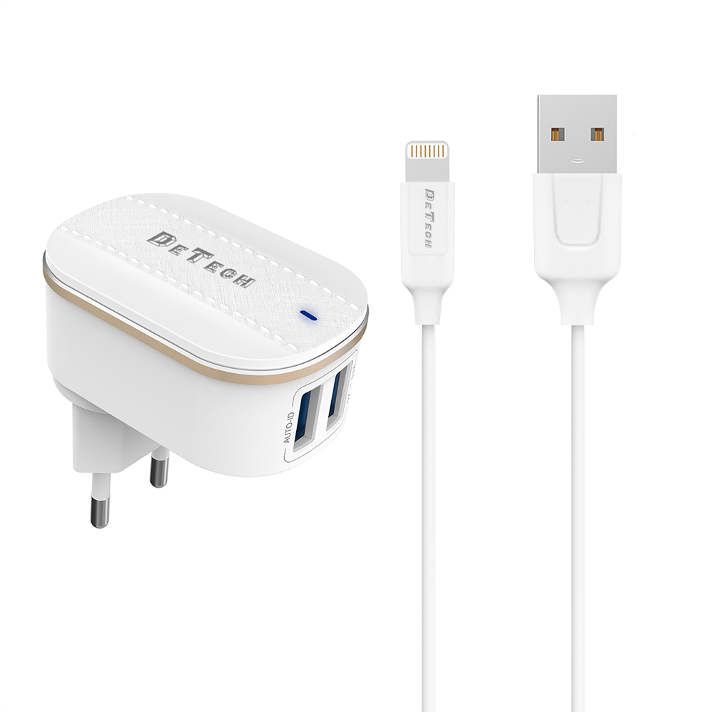 DeTech DE-15i,Network charger 5V/3.1A, 220A,Universal,2 x USB,With Lightning cable,1.0m,White-40097