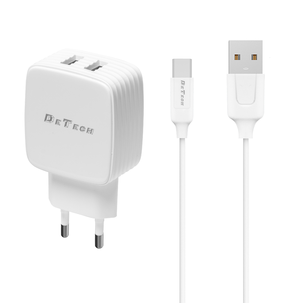 DeTech, DE-33C,Network charger,5V/2.4A 220A,Universal,2 x USB, Type-C cable,1.0m,White- 40102