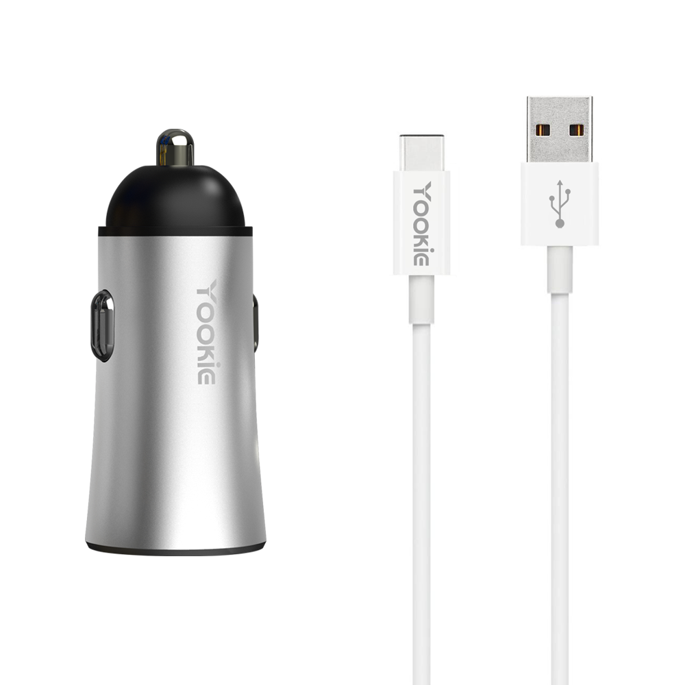 Yookie PC1,Car socket charger 5V/2.4A, 12/24V, With Type-C cable, 2 x USB, Different colors-40136