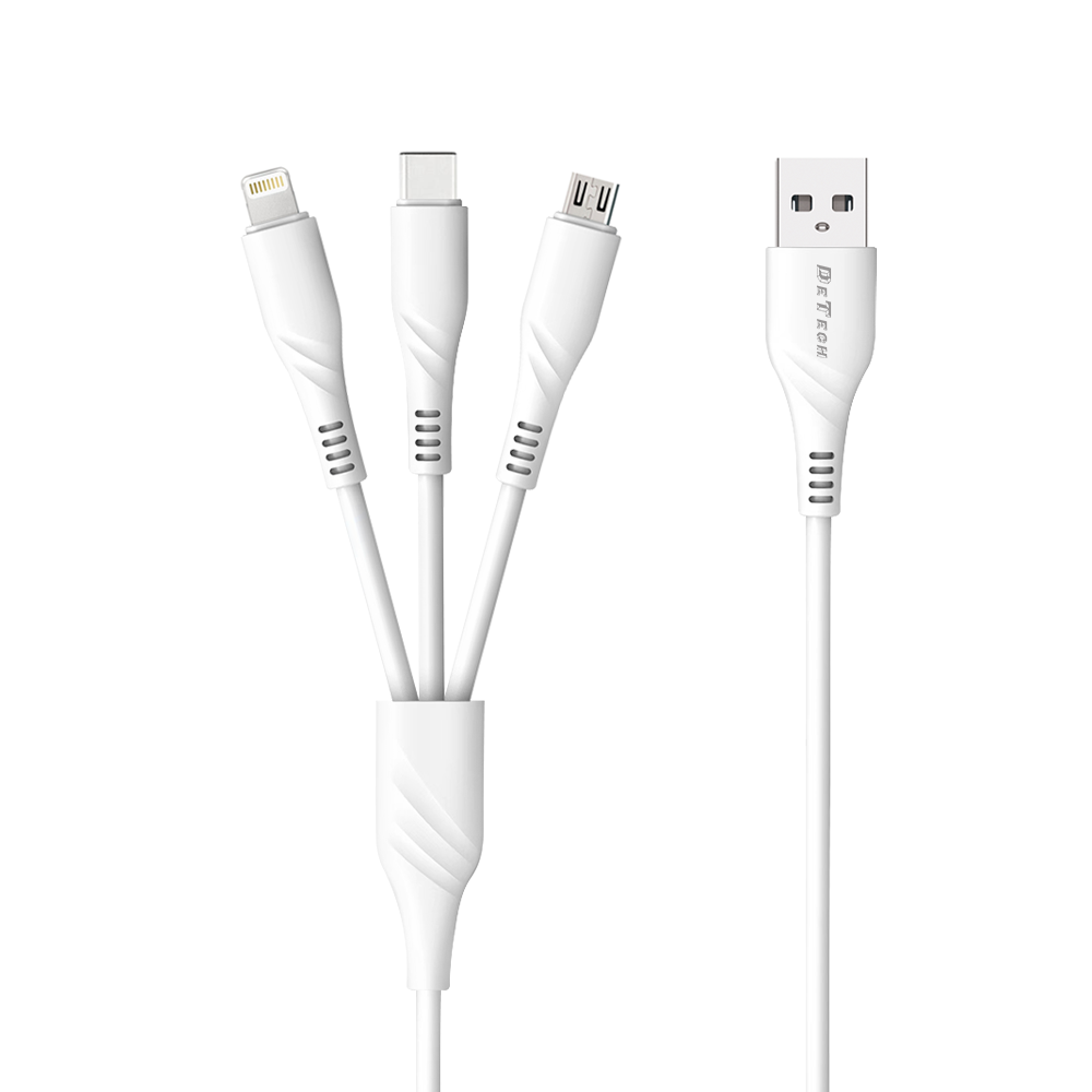DeTech DE-C40,Charging cable 3in1, Micro USB, Lightning, Type-C, 1.0m, White - 40203