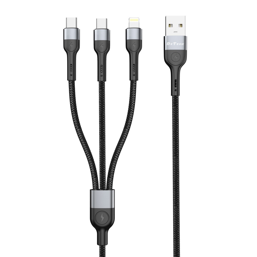 DeTech DE-52UCL Data cable 3 in 1, USB - 2хType-C, Lightning, 1.0m, Black - 40518