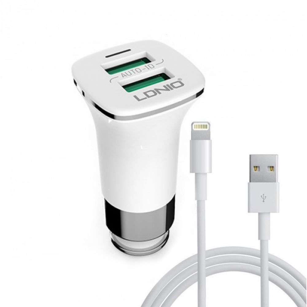 LDNIO C301, 5V/3.6A, Car socket charger Universal,2xUSB, With cable for iPhone 5/6/7SE,White-14375