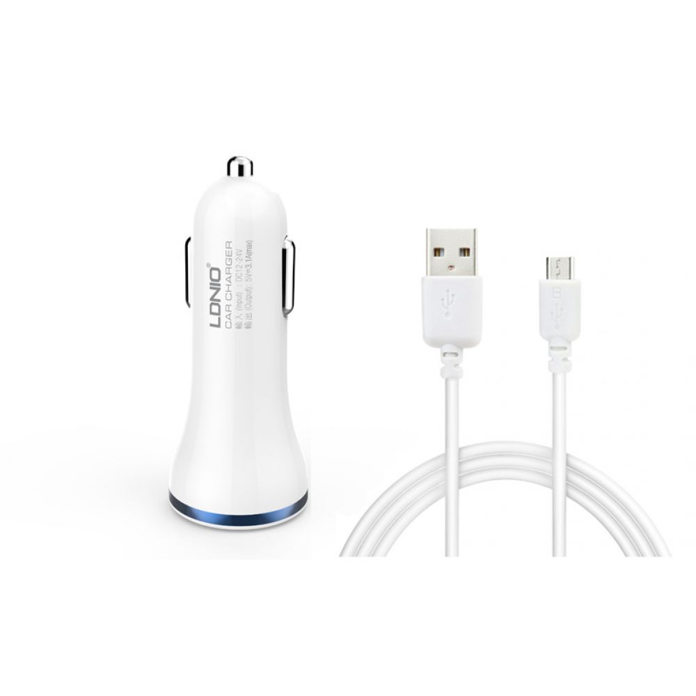 LDNIO DL-C23, 5V/3.1A,Car socket charger Universal,2xUSB,With Micro USB cable,White,Black-14381 
