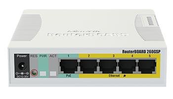 MikroTik RB260GSP Switch-Router CSS106-1G-4P-1S, 5xGE, 1xSFP, PoE in/out, Atheros, SwOS