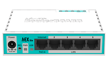 MikroTik hEX lite RB750R2 Router Soho, 850MHz, 64MB, 5xFE, RouterOS L4, plastic case, PSU
