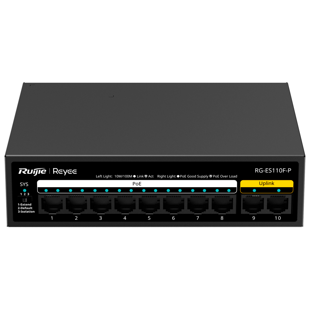 Ruijie RG-ES110F-P Switch, 8x10/100M, 2xGbE, PoE/PoE+, Unmanaged, Desktop