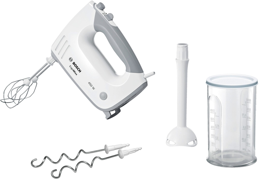 Bosch MFQ36440, Hand mixer, ErgoMixx, 450 W, Included blender & transparent jug, White