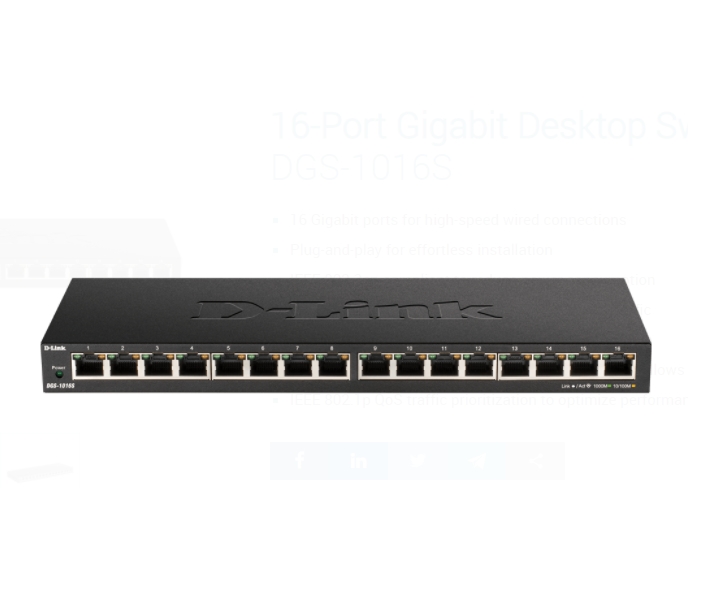 D-Link DGS-1016S 16-Port 10/100/1000Mbps Unmanaged Gigabit Ethernet Switch
