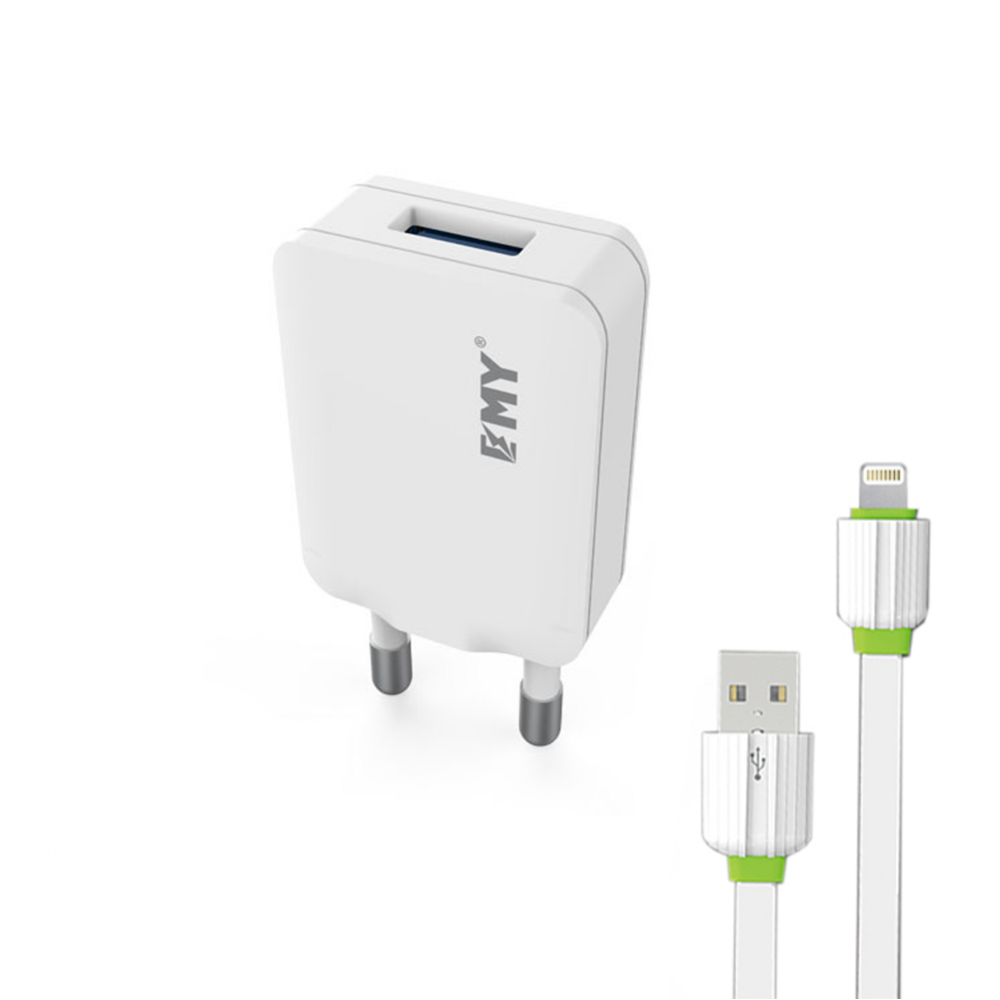 EMY MY-223, Network charger, 5V 1.0A, Universal , 1xUSB, With cable for iPhone 5/6/7, White - 14443 