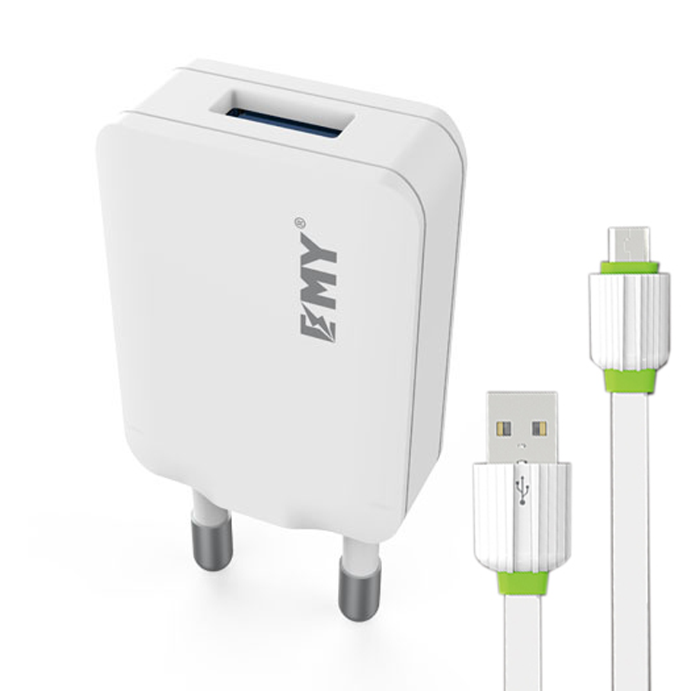 EMY MY-223 Network charger, 5V 1.0A, Universal , 1xUSB, With Micro USB cable, White - 14442 