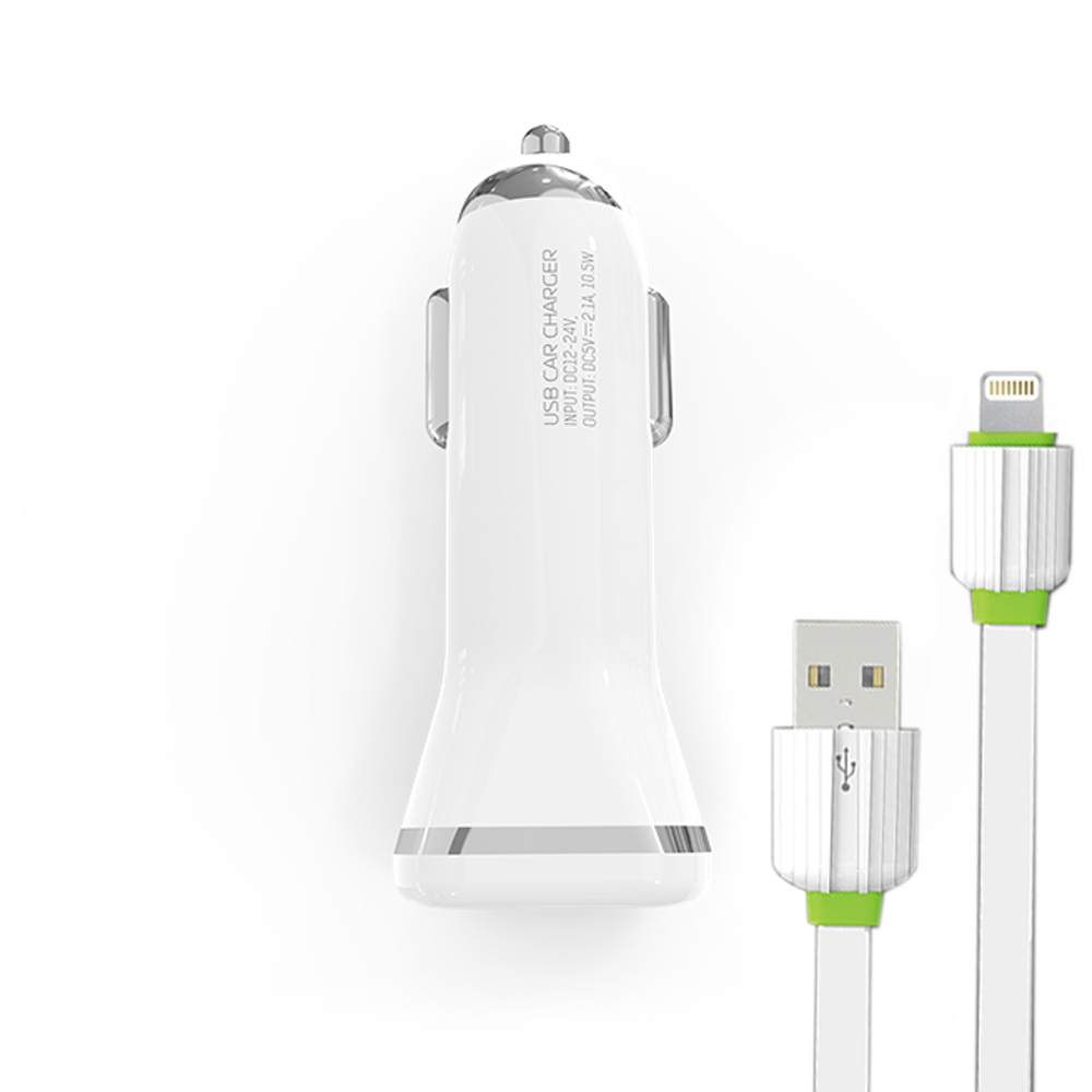 Car socket charger, EMY MY-114, 5V 2.4A, Universal,2xUSB, With iPhone 5/6/7 cable, White-14441