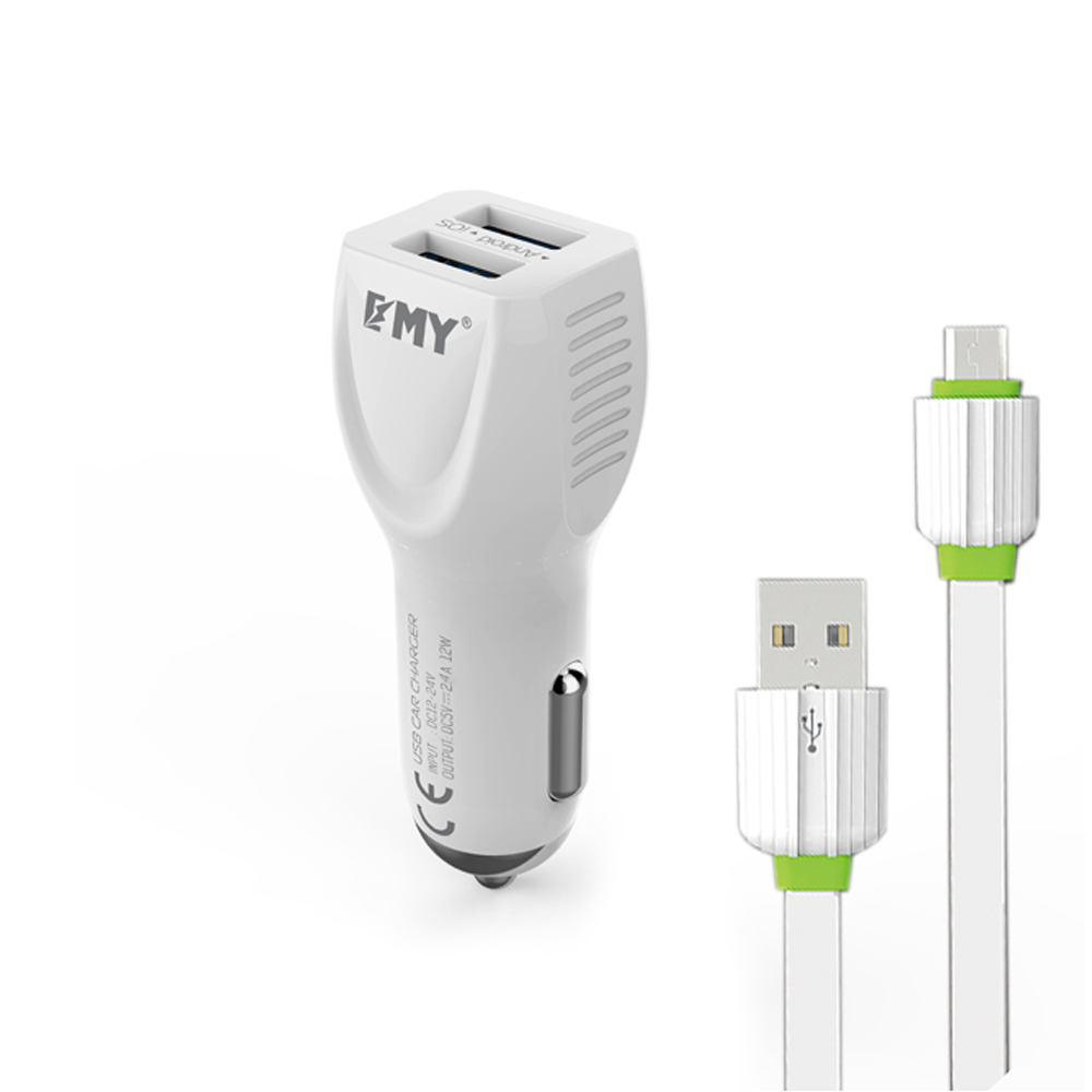 EMY MY-112, Car socket charger5V 2.4A, Universal , 2xUSB, With Micro USB cable, White - 14438 