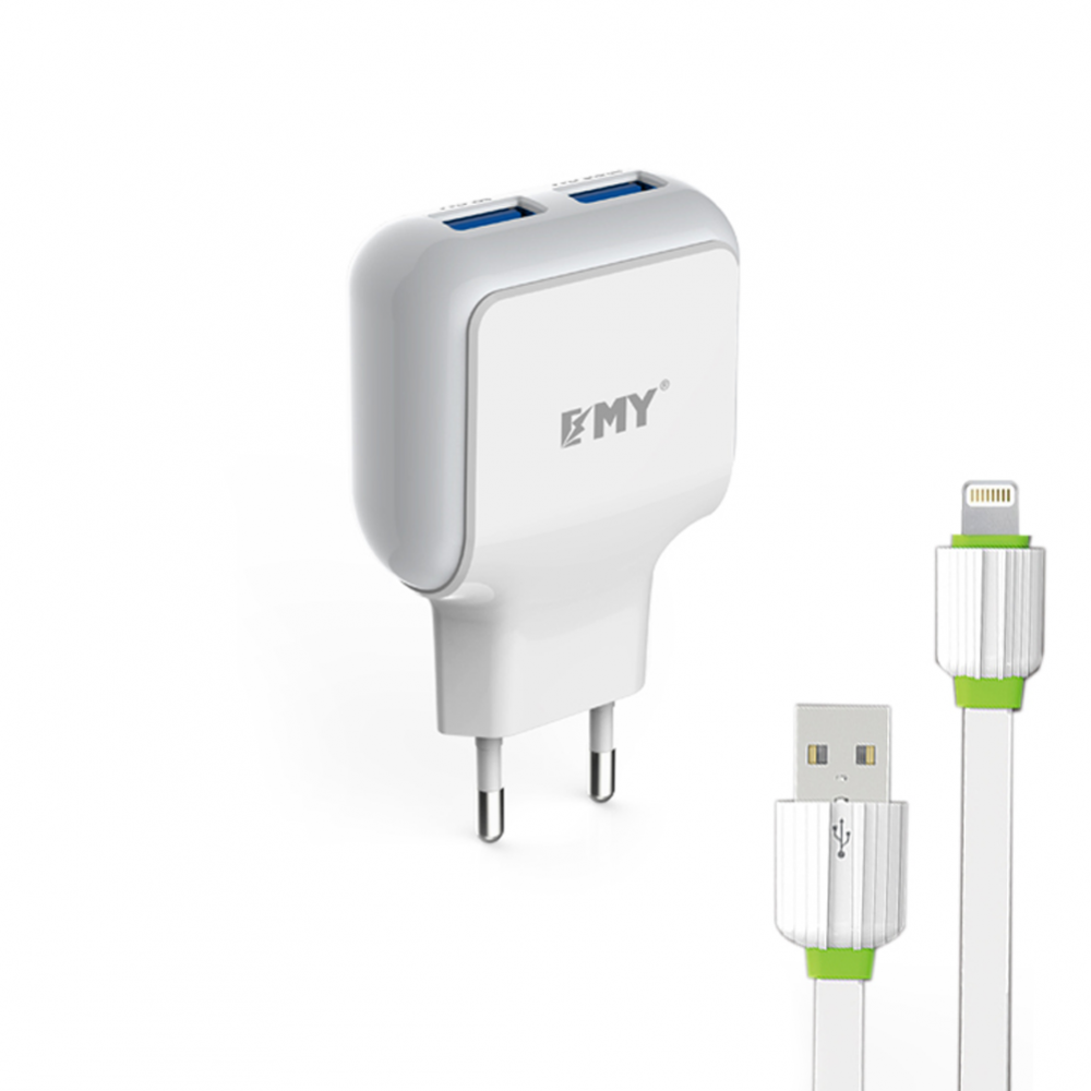 EMY MY-220 Network charger,5V 2.4A, Universal, 2xUSB, With iPhone 5/6/7 cable- 14445